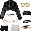 Cosfun Womens Cosplay Costume Set Black Golden Jacket Top Skirt Uniform Suit Dancing Stage (X-Small, Multicolored)