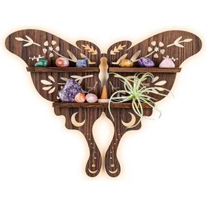 ANROYE Luna Moth Crystal Shelf Display, Boho Pine Wood Wall Floating Shelves with Light for Gem Stone Essential Oil Storage, Bohemian Wooden Butterfly Hanging Witch Rustic Decor Holder