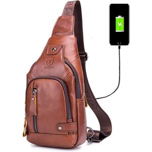 BULLCAPTAIN Genuine Leather Sling Bag with USB Charging Port Multi-pocket Chest Bag for Men Hiking Travel Daypack XB-129