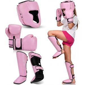 Arrowbash 5 Pcs Boxing Guards Set for Kids with Sparring Headgear, 6oz Boxing Gloves and Leg Shin Guards Wrestling Headgear for Youths Teens Boys Girls Kickboxing Karate Muay Thai BJJ Training (Pink)