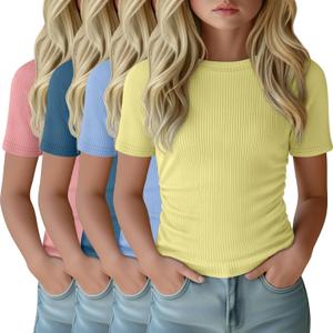 4 Pack Girls Short Sleeve Shirts Kids Side Ruched Ribbed Knit Tops Crew Neck Slim Fit Tees Summer Cute (11-12 Years, Dusty Pink, Turquoise, Sky Blue, Light Yellow)