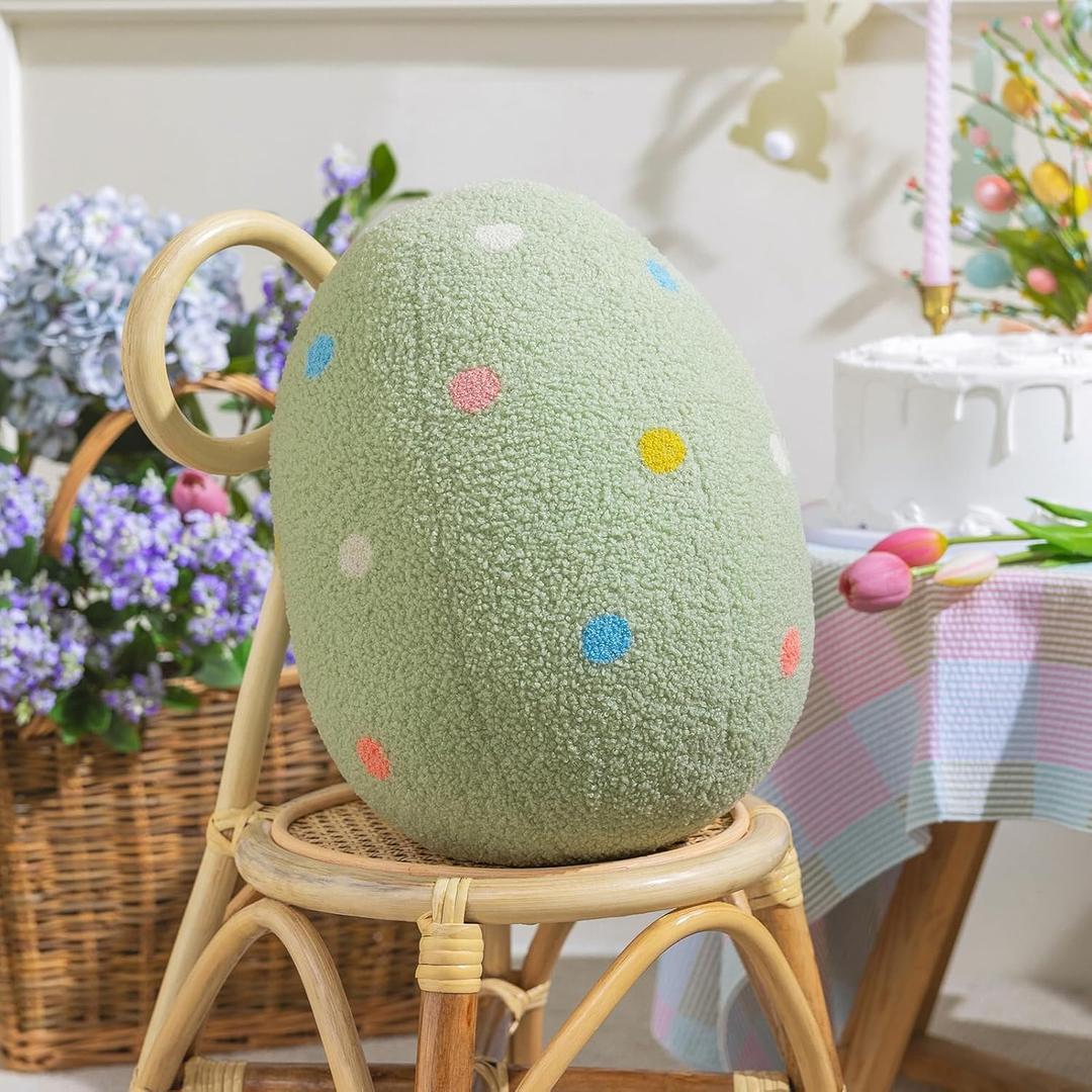 Ashler Easter Pillows, Egg Shaped Throw Pillow, Green Spring Easter Decoration, Teddy Sherpa Egg Pillow with Colorful Polka Dots Embroidery, Easter Eggs Decor for Bedroom, Living Room, Couch, 14x11 in