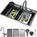 Waterfall Kitchen Sink, Top Mount/Drop-In Black Stainless Steel Single Bowl Workstation Sink, Large 3-in-1 Modern Multifunctional Kitchen Sink for Washing, Draining & Cutting (Black, 27 * 18in)