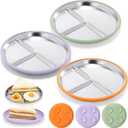 Nuogo 3 Pack Stainless Steel Suction Toddler Plates 9 Divided Baby Feeding Plates with Silicone Sleeve Non-slip Kids Dishes for Baby LED Weaning Self-feeding, Dishwasher Safe (Green,Orange,Purple)