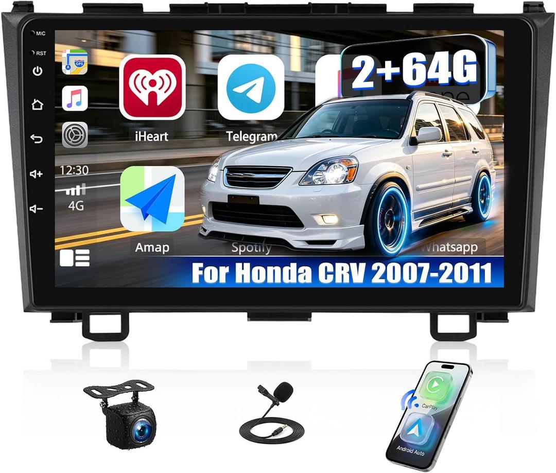 4 Core+64G for Honda CRV 2007-2011 Android Car Radio Stereo with Wireless A-pple CarPlay Android Auto WiFi GPS, 9" Touchscreen Bluetooth Upgrade Head Unit 28-UI Mirror Link Backup Cam Mic USB