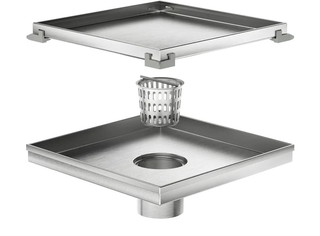 Neodrain 8-Inch Square Shower Drain with Removable Tile Insert Grate, Brushed 304 Stainless Steel, CUPC Certified, Includes Hair Strainer