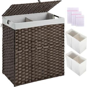 Greenstell Laundry Hamper with lid, No Install Needed, 110L Wicker Laundry Baskets Foldable 2 Removable Liner Bags, 2 Section Clothes Hamper Handwoven Rattan Laundry Basket with Handles, Brown