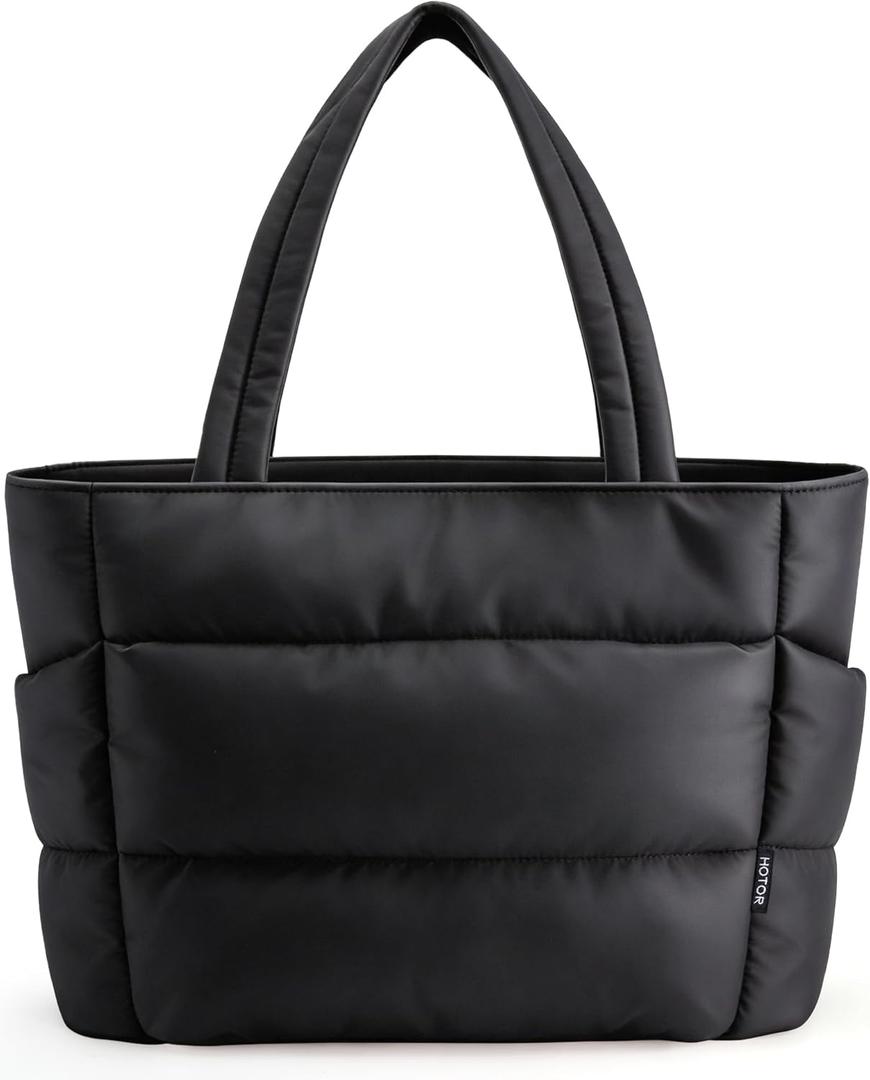 HOTOR Puffer Tote Bag for Women, Nurses - Multi-Pocket Lightweight Bag for Work - Quilted Handbag for Travel and Gym (18.1"  6.3"  11.8", Black)