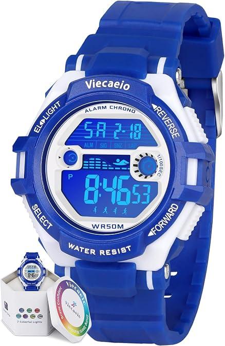 Kids Digital Watch for Boys Girls, Waterproof LED Colorful Lights Sports Watch Suitable for 5-17 Years Old Teenagers (with Gift Box) Blue-white