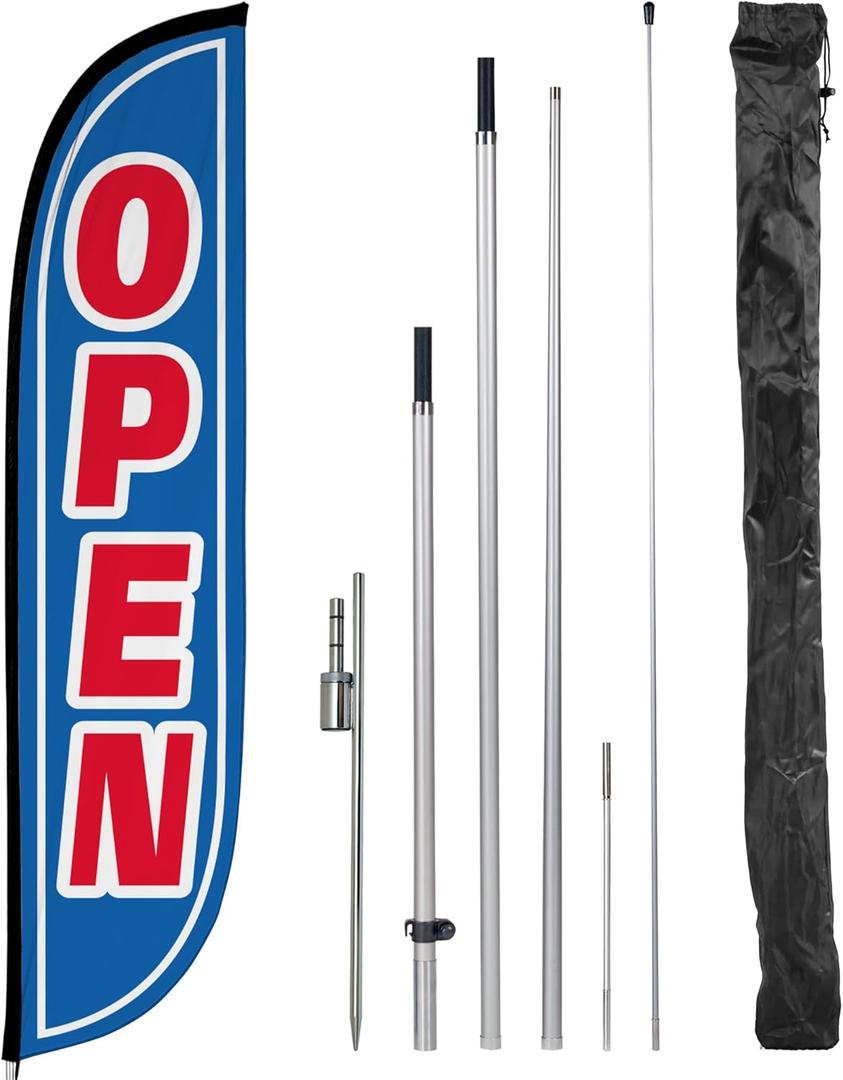 LookOurWay Feather Flag Pole Kit - 12 Feet Tall Advertising Flag Banner with Fiberglass Pole Kit and Ground Spike for Business Promotion - Grand Opening Flags - Open Blue & Red (10M1200107)