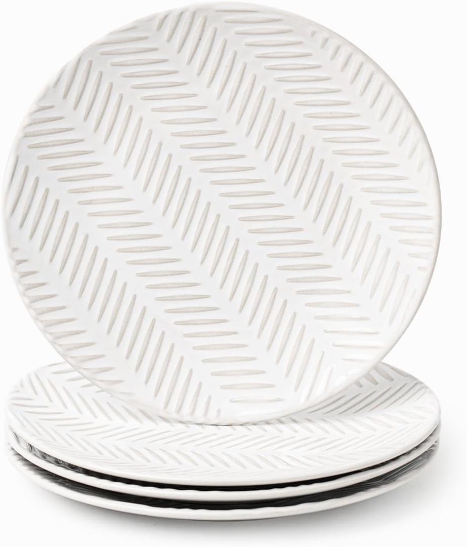 FOBENTA Porcelain Plates for 4,Ceramic Microwave Safe Plates Sets,4 Piece Embossment Resistance Dish Set,Home Essentials Stoneware Dinnerware Set,Wedding Gift (Feather Leaf Pattern)