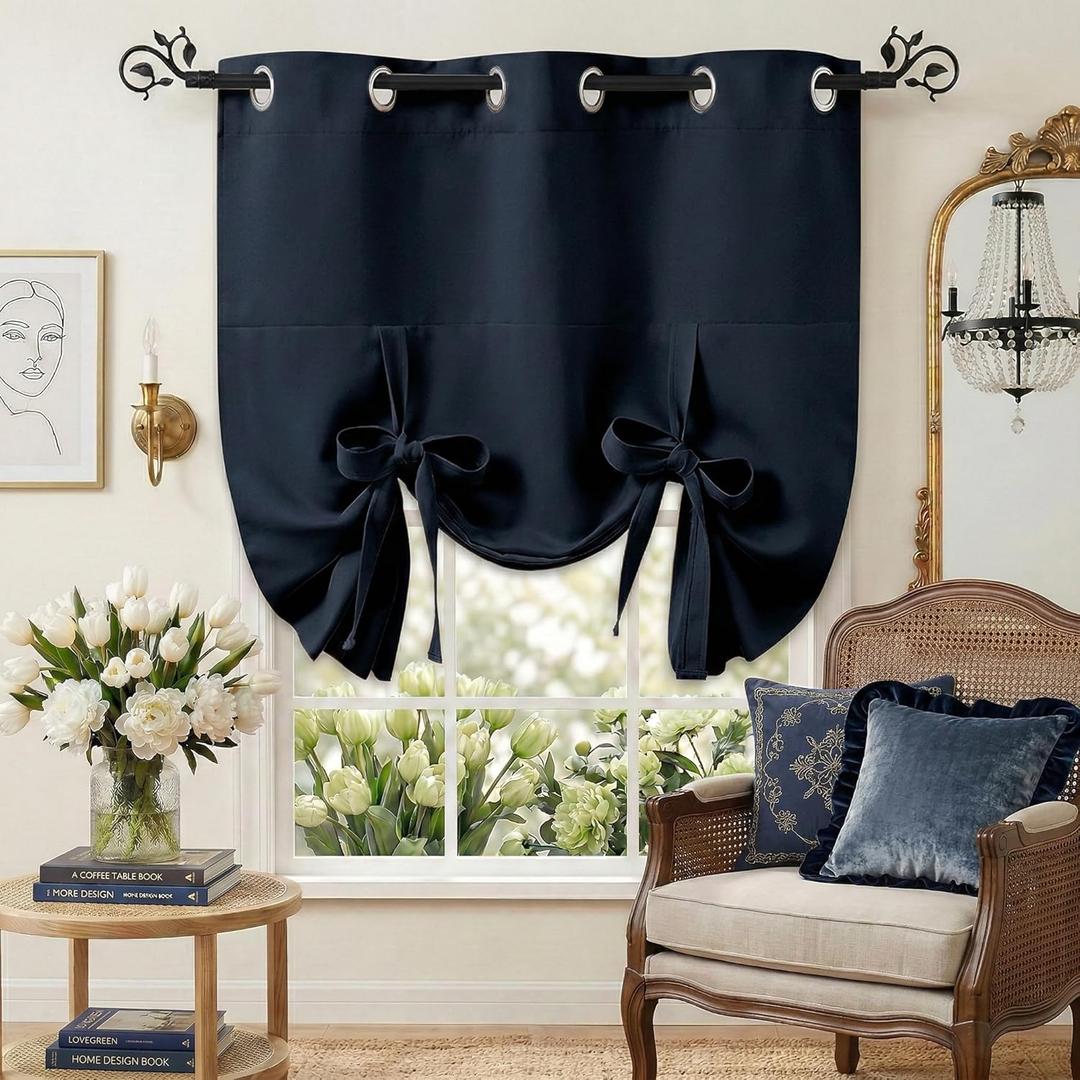 Pony Dance Kitchen Curtains for Decoration - Roman Shades Tie Up Curtain Valances Set Blackout Grommet Top for Home Decoration, W 42 x L 45 in, Navy Blue, Set of 1