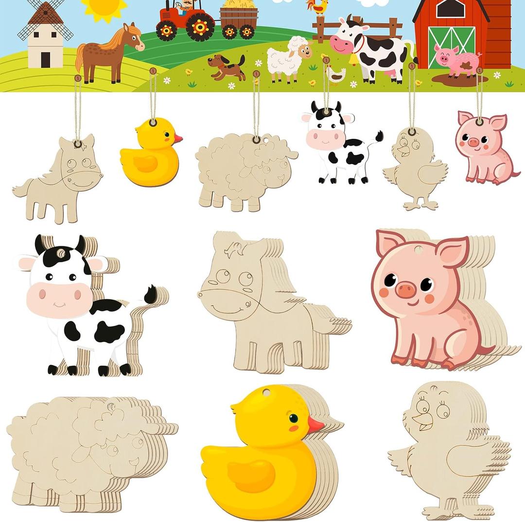36 Pcs Wooden Farm Animals Cutouts Unfinished Wood Cutouts to Paint Wood Animal Cutouts Crafts Farm Animals Party Supplies for Kids School Classroom Decor