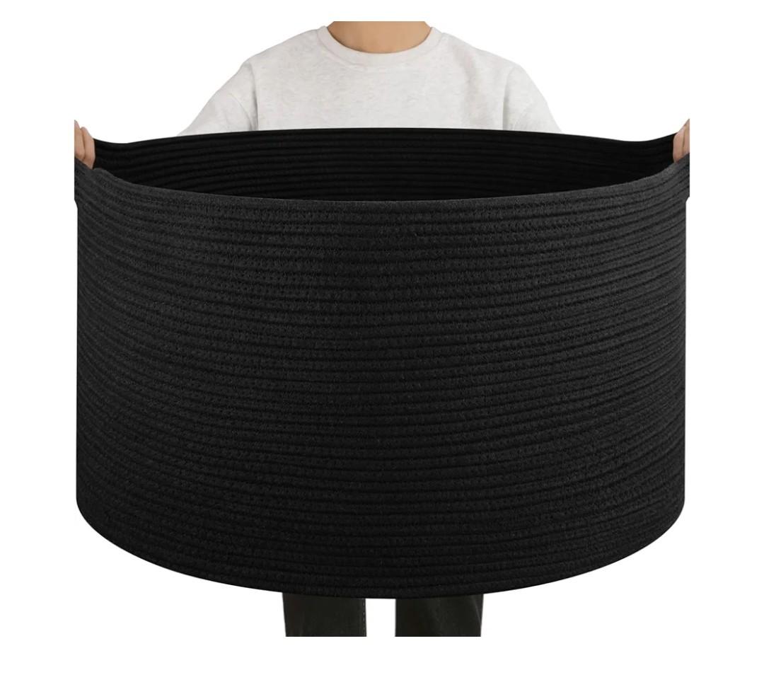 OIAHOMY 90L Blanket Basket for Living Room, Large Basket 23" x 23" x 13" with Handle, Laundry Hamper for Blankets, Pillows, Toy Storage for Kids, Dogs - Black