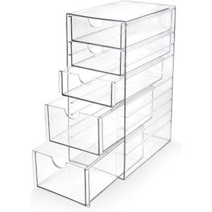 Prsildan Acrylic Drawer Makeup Organizer with 5 Drawers, Hair Accessories Organizer, Office Desk Organization, Clear Stackable Storage Drawers for Vanity, Countertop, Craft, Jewelry