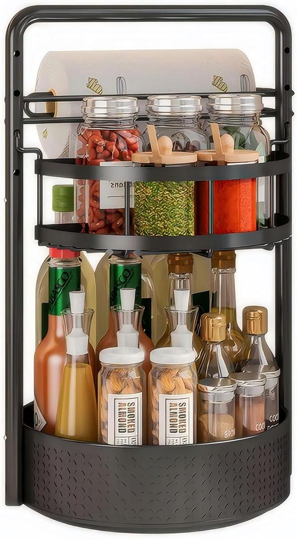 JEESA Rotating Spice Rack with Paper Towel Holder, 2 Tier Lazy Susan for Spices, Sturdy Iron Seasoning Organizer for Kitchen Countertop, Black