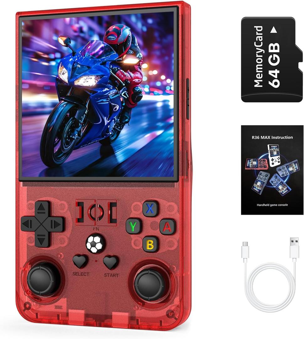 R36MAX Retro Handheld Game Console, 4.0 inch Retro Gaming Console with 64GB Memory, Portable Retro Video Games Console, 4000mAh Battery, Support 30+ Emulators, Transparent Red