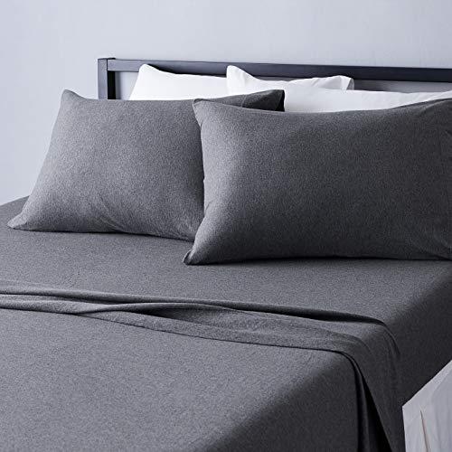 Amazon Basics 3 Piece Bed Sheets Set, 100% Cotton Jersey, Includes Super Soft, Flat and Fitted Sheets, Pillowcase, Gray