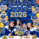 Blue and Gold Graduation Decorations 2026 with Congrats Grad Banner, Graduation Cake Topper, Backdrop, Hanging Swirls, Balloons for Class of 2026