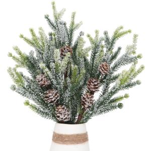 3Pcs Christmas Cypress Pine Picks Frosted Artificial Pine Tree Branches with Pinecones Winter Snow Plants Sprays Holiday Pine Stems Twigs Flower Arrangement Vase Filler Xmas Tree Picks 14.5" Tall (3)