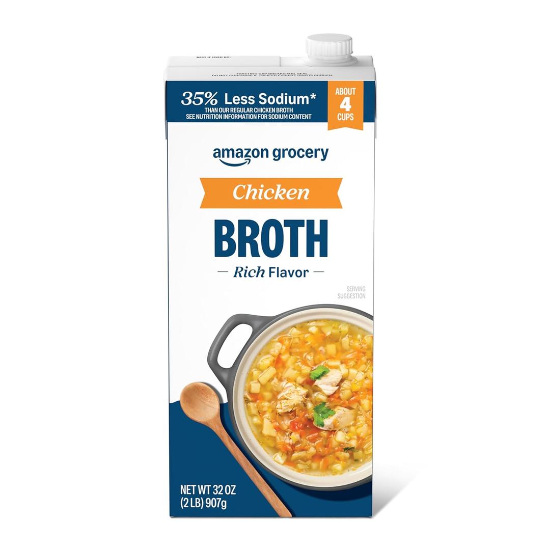 Amazon Grocery, Chicken Broth, 35% Less Sodium, 32 Oz, BB Date 11 OCT 2026