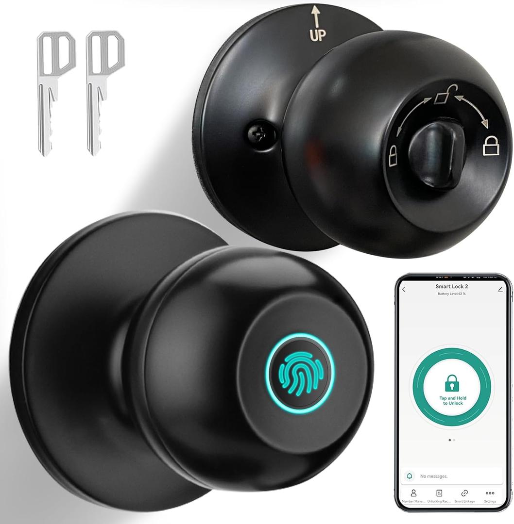JO.KO Fingerprint Door Lock, Biometric Door Lock with App Control & Key, Smart Door Lock for Bedroom, Entry Door, Keyless Finger Print Door Knob with Thumb Print Black (1 Piece, Black Matte BK1)