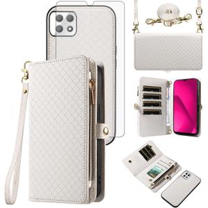 Asuwish Phone Case for T-Mobile Revvl 7 5G Zipper Wallet Detachable Cell Cover with Tempered Glass Screen Protector Strap Flip Card Holder Tmobile Revvl7 T Mobile Revel Tmo Revell Rebel Women White