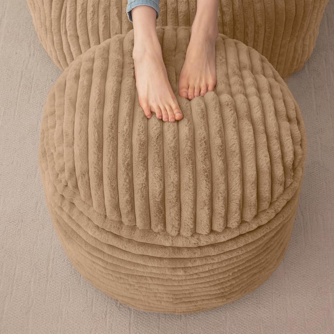 HIGOGOGO Round Stuffed Pouf Ottoman, Stripe Faux Fur Poufs with Foam Chunk Filling, Furry and Fluffy Pouf Foot Stool Storage Ottoman, 26 X 18 Floor Poufs Foot Rest for Living Room, Brown