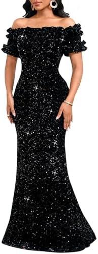 Dasmzper Women Sexy Sequin Off Shoulder Ruffle Short Sleeve Bodycon Mermaid Party Formal Evening Maxi Dress 2 XL