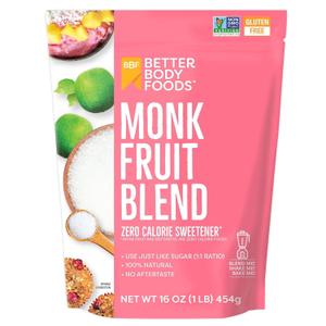 BetterBody Foods Monk Fruit Sweetener Blend, Raw Cane Sugar Substitute, Zero Calorie, Keto Diet Friendly, Zero Net Carbs, Zero Glycemic, Baking, Extract, Sugar Replacement, 1lb, 16 oz (EXP 02/14/26)