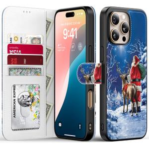 FUNMIKO Christmas Wallet Phone Shell for iPhone 16 Pro,Detachable Flip Folio Leather Cover,RFID Blocking 4 Card Slots Holder,Magnetic Kickstand,Trendy Design,Starry Night Santa Claus