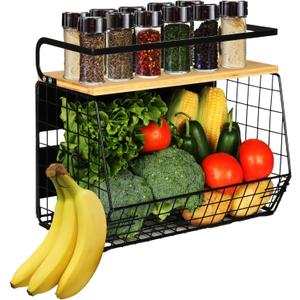 Magnetic Shelf for Fridge with Wood Lid, Fruit Potato and Onion Storage Bins, Pantry Organizers & Storage, Large Container Magnetic Spice Rack for Refrigerator, Kitchen Counter, Cabinet (1, Black)