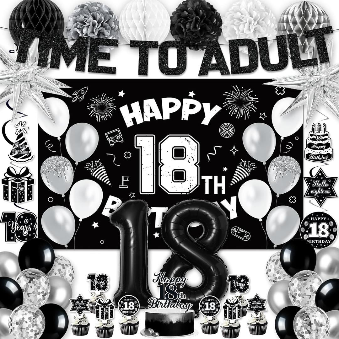 18th Birthday Decorations for Boys Girls, Black 18th Birthday Supplies Include Time To Adult Banner Happy 18th Birthdays Backdrop Cake Topper for 18 Year Old Birthday Decor