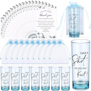 Sliner 100 Set Wedding Favors for Guests Bulk 2oz Acrylic Take a Shot We Tied the Knot Shot Glasses with Thank You Cards Organza Bags for Guest Souvenirs Wedding Newlyweds Bridal Shower Gifts (Blue)
