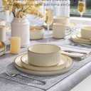 Famiware Star 24-Piece Stoneware Dinnerware Sets with Trim, Service for 6 - Ceramic Mugs, Plates, Bowls, Dishes for Everyday/Party/Formal Use, Chip/Scratch Resistant, Microwave/Dishwasher Safe, Cream