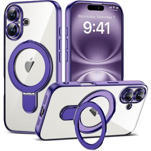 Plating Clear Phone Case for iPhone 16 with Stand 6.1",A-Purple