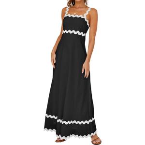 Women's Classy Sleeveless Lemon Print Maxi RIC Rac Dress (Medium, Black)