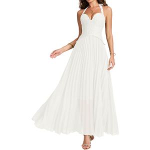 ChiaoLezhee Women's Elegant Pleated Floor Length Prom, Lace-Up Back Fairy Chiffon Bustier Dress for Special Occasions (Medium, White)