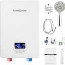 Electric Tankless Water Heater, 6000W 220V Instant Hot Water Heater with Handheld Shower Head and Hose Set, LED Touch Screen Switch Adjustable Temperature for Bathroom Kitchen - White