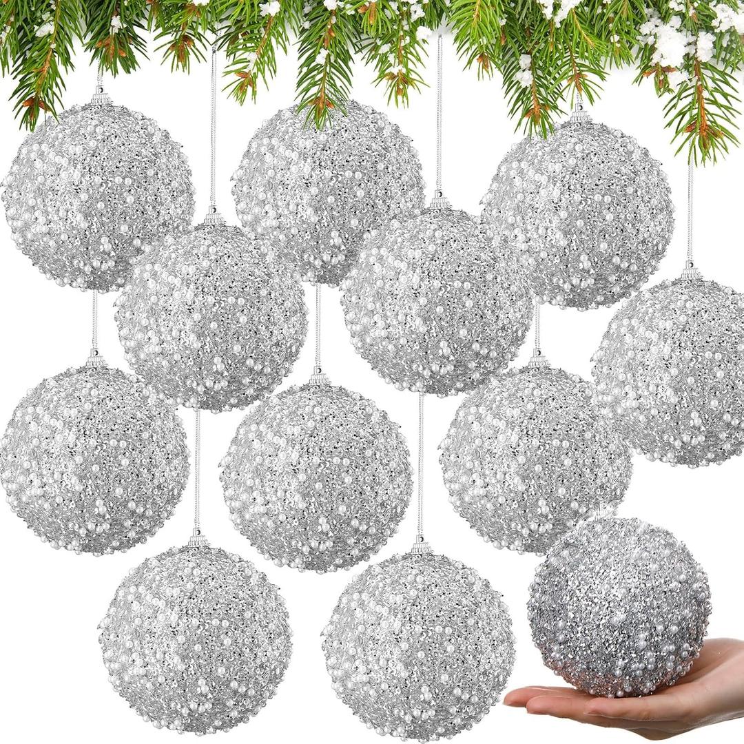 Lyrow 12 Pcs Large Glitter Christmas Ball Ornament Vintage Foam Christmas Tree Balls Sequin Hanging Ornament for Xmas Tree Home Wedding Winter Holiday Party Decor(Silver,4 Inch)