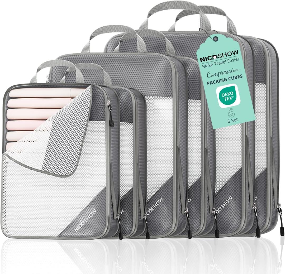 NICOSHOW 6 Set Compression Packing Cubes for Travel - Compressible, Lightweight, and Space-Saving Packing Cubes, Travel Essentials for Women, Grey