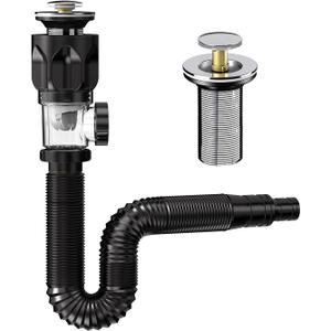 Upgraded 2 in 1 Bathroom Sink Drain Kit with Flexible P-Trap, Suitable for 1-1/4'' or 1-1/2'' PVC Drain Pipe, Pop Up Drain with Anti-clogging Sink Stopper, Ten Minutes Easily Installation (Black)