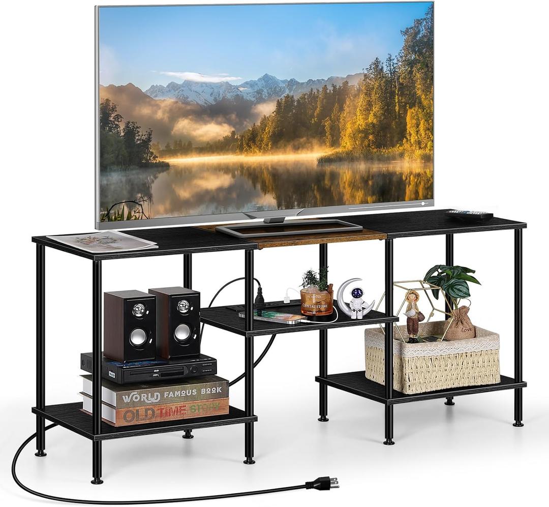 OYEAL Black Bedroom TV Stand with Power Outlets up to 50 inch TV, Small Entertainment Center Stand with Storage Modern Media TV Console Table for Living Room Bedroom
