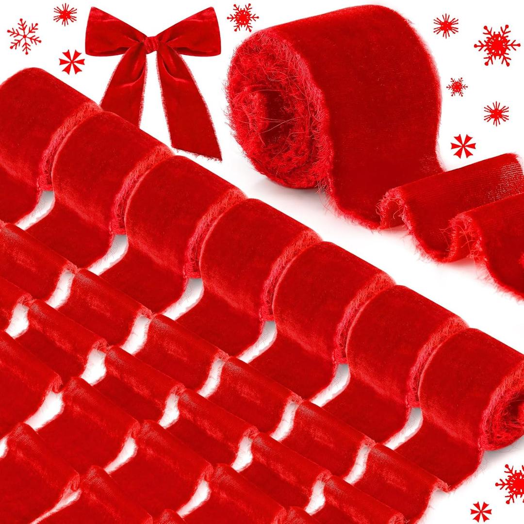 24 Yards Christmas Velvet Wrapping Ribbon, 8 Roll Silk Frayed Handmade Velvet Ribbon for Wedding Bouquet Invitation Christmas Wreaths Decor Gift Wrapping Cards DIY (Red)