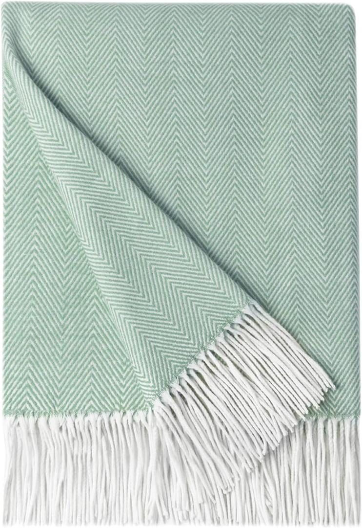BOURINA Herringbone Tone Throw Blanket Faux Cashmere Fringe Soft Lightweight Cozy for Bed Couch Decorative Throws Blanket, Green, 50" x 60"