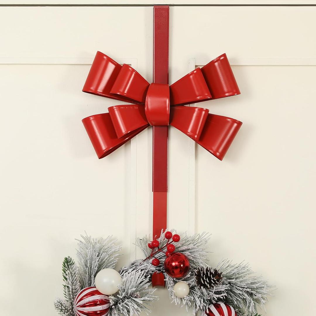 1 Pcs Red Bow Wreath Hanger 12 Inch with Adjustable Wreath Hanger 15-25 Inch, Iron Decorative Hook for Christmas, Wedding, Home Decor, No Drill Needed, Gift for Women