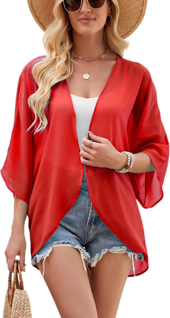 Chunoy Women Chiffon Kimono Cardigan Short Sleeve Open Front Tops Beach Wear Cover Up (Small, Red 273)