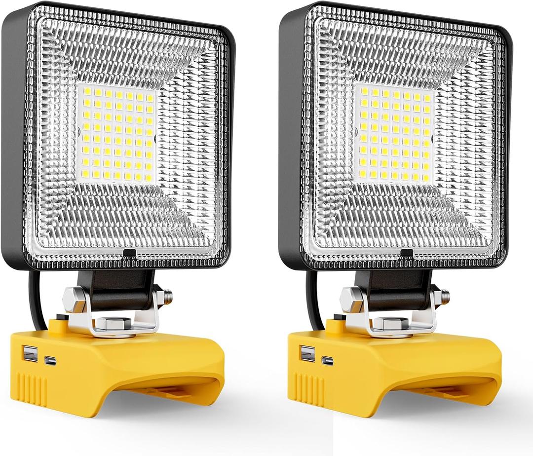 LIVOWALNY 60W LED Work Lights Compatible with Dewalt Battery, 2PCS 6000LM Flashlight with USB A & USB C Output Port Low Voltage Protection, Cordless Portable Floodlight for Camping, Emergency, Outdoor