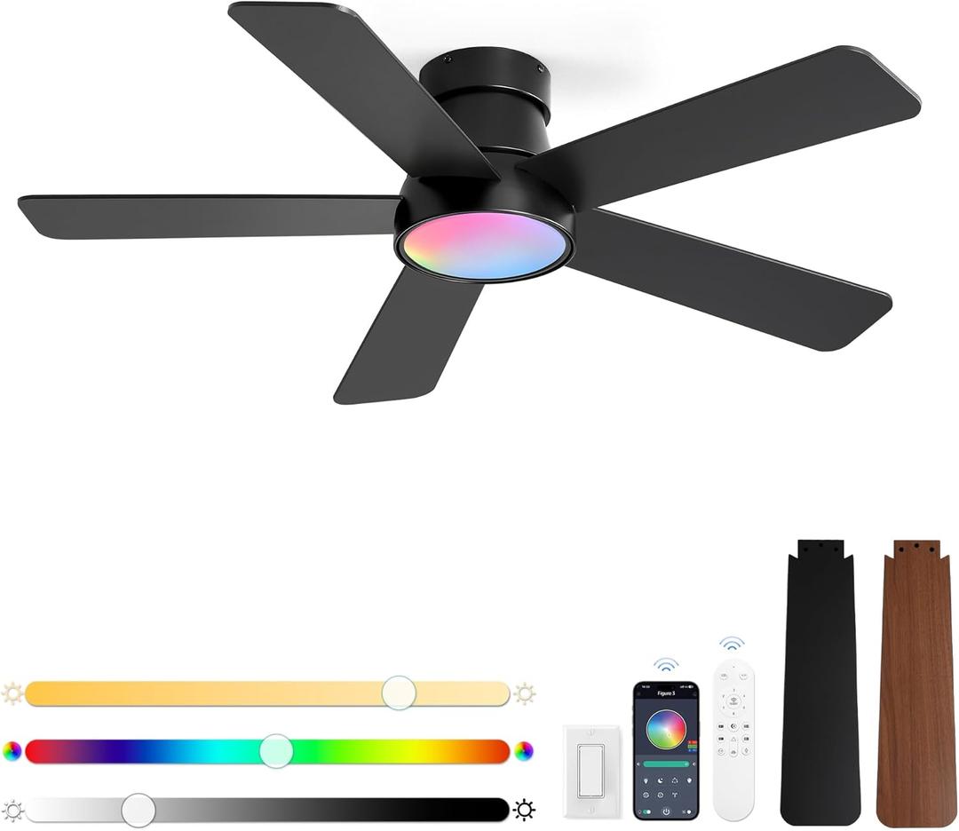 42 Inch Ceiling Fans with Lights and Remote,Outdoor Indoor Modern Flush Mount Ceiling Fan with 3CCT 6-Speed Quiet DC Motor,Small Low Profile Ceiling Fan for Bedroom Living Room OfficeBlack RGB