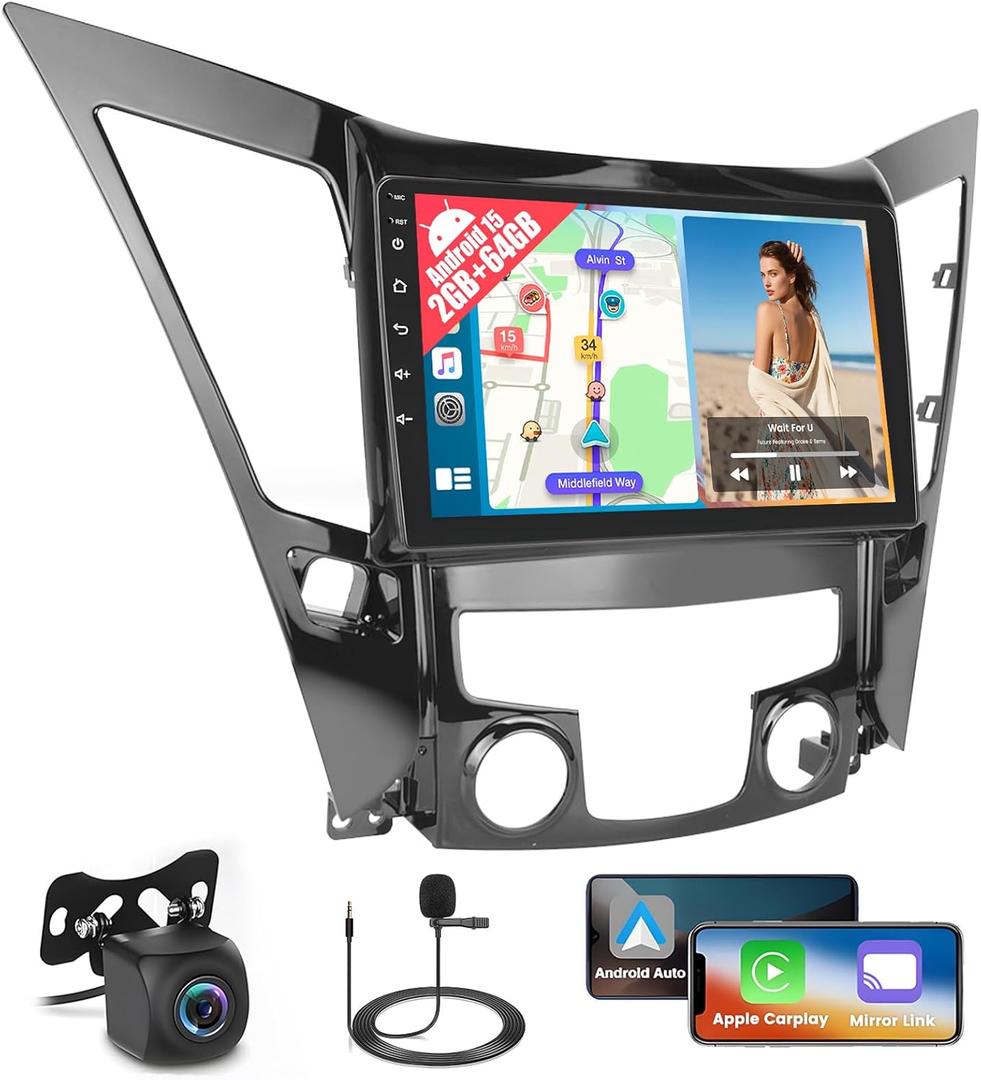 2+64GB Realdio Android 15 Car Stereo for Hyundai Sonata 2010-2015 with Wireless Carplay and Android Auto, 9" Touch Screen Car Radio for Sonata with Bluetooth, EQ, GPS, WiFi, FM RDS Backup Camera MIC